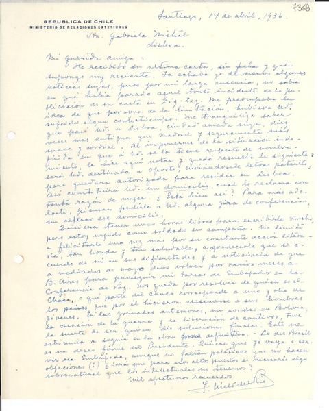 [Carta] 1936 abr. 14, Santiago [a] Gabriela Mistral, Lisboa