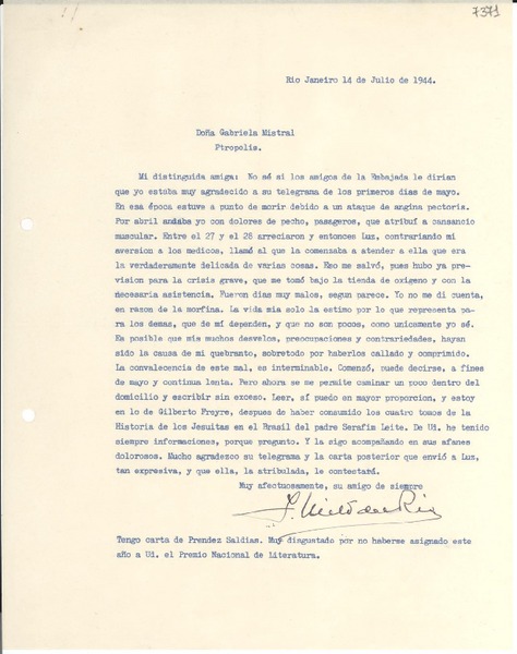 [Carta] 1944 jul. 14, Río de Janeiro [a] Gabriela Mistral, Petrópolis