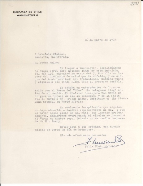 [Carta] 1947 ene. 16, Washington [a] Gabriela Mistral, Monrovia, California