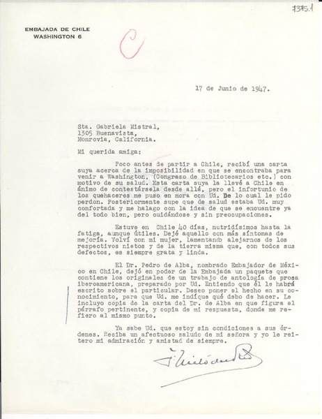 [Carta] 1947 jun. 16, Washington [a] Gabriela Mistral, Monrovia, California