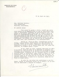 [Carta] 1947 jun. 16, Washington [a] Gabriela Mistral, Monrovia, California