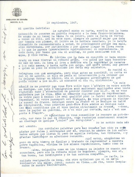 [Carta] 1947 sept. 19, México D.F. [a] Gabriela [Mistral]