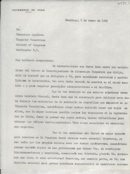 [Carta] 1965 ene. 7, Santiago, [Chile] [a] Dr. Francisco Aguilera, Hispanic Foundation Library of Congress, Washington D.C.