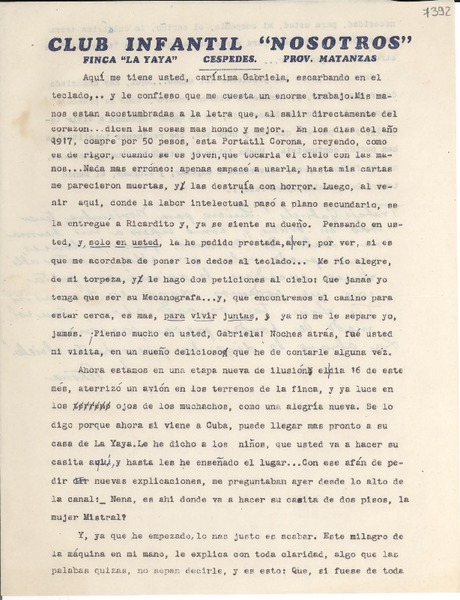 [Carta] [1946, La Yaya, Cuba] [a] Gabriela Mistral