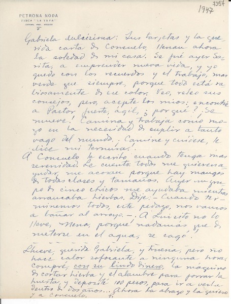 [Carta] [1947, La Yaya, Cuba] [a] Gabriela Mistral