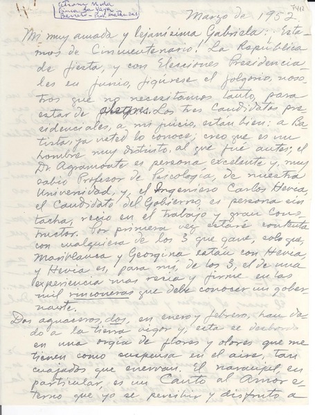 [Carta] 1952 mar., Finca de Yaya, Barreto, Provincia de Matanzas, [Cuba] [a] Gabriela [Mistral]