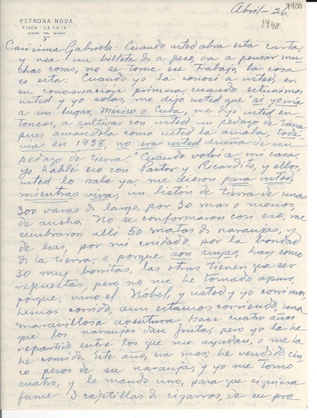 [Carta] 1948 abr. 26, La Yaya, [Cuba] [a] Gabriela Mistral