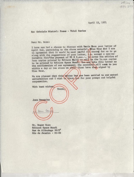[Carta] 1971 Apr. 12, [EE.UU.] [a] Mr. Roger Ross, Editora Opera Mundi, Rua da Alfandega 982°, Río de Janeiro - ZC-00