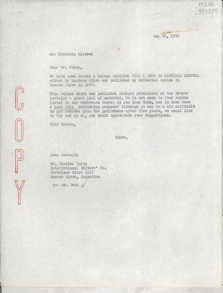 [Carta] 1972 May 25, [Estados Unidos] [a] Mr. Nicolas Costa, International Editors Co., Bartolomé Mitre 1192, Buenos Aires, Argentina