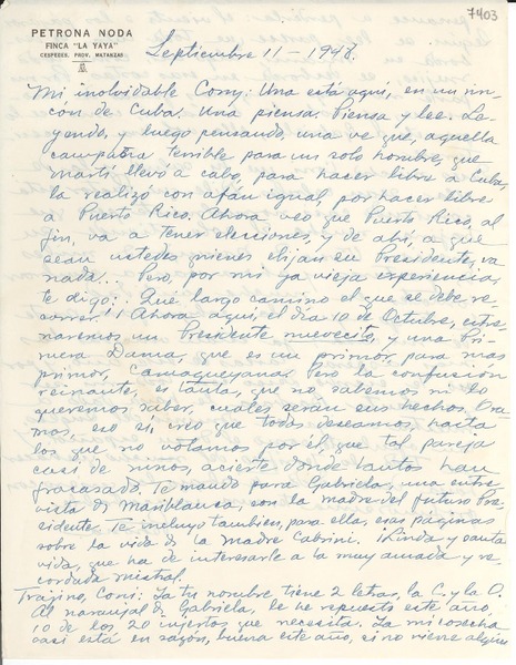 [Carta] 1948 sept. 11, La Yaya, [Cuba] [a] Consuelo Saleva