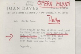 [Carta] 515 Madison Avenue, New York, N. Y. 10022, Plaza 9-6250, [EE.UU.] [a] Doris Dana, [EE.UU.]
