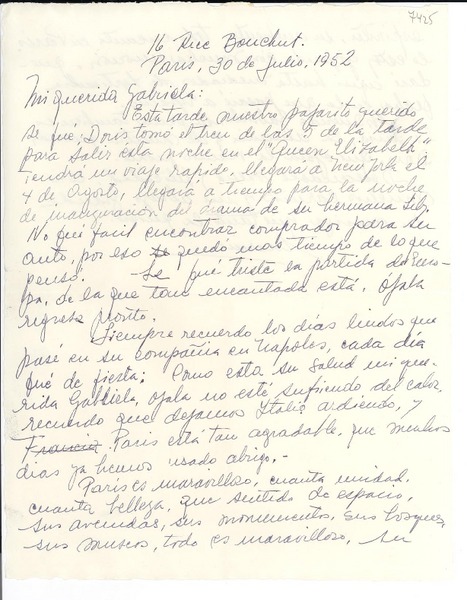 [Carta] 1952 jul. 30, París, [Francia] [a] Gabriela [Mistral]