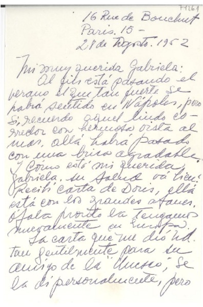 [Carta] 1952 ago. 28, París, [Francia] [a] Gabriela [Mistral]