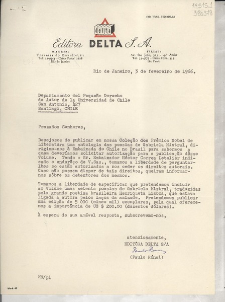 [Carta] 1966 fev. 3, Río de Janeiro, [Brasil] [a] Departamento del pequeño derecho de autor de la Universidad de Chile, San Antonio 427, Santiago, Chile