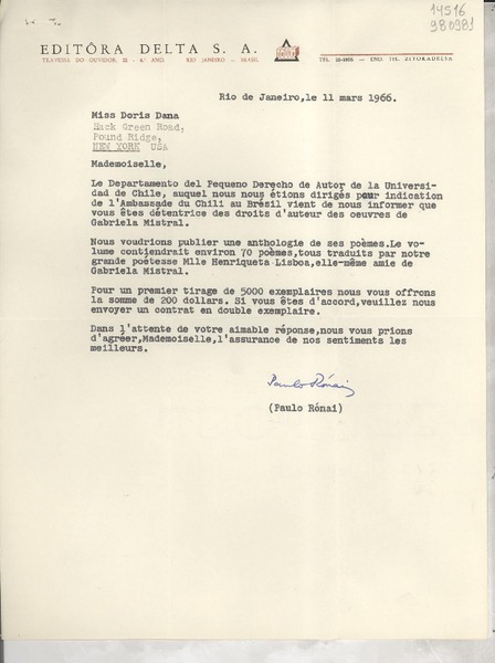 [Carta] 1966 mar. 11, Río de Janeiro, [Brasil] [a] Miss Doris Dana, Hack Green Road, Pound Ridge, New York, U. S. A.