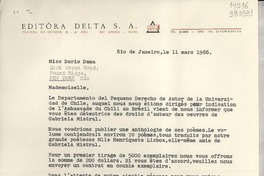 [Carta] 1966 mar. 11, Río de Janeiro, [Brasil] [a] Miss Doris Dana, Hack Green Road, Pound Ridge, New York, U. S. A.