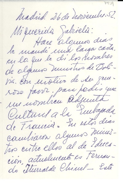 [Carta] 1952 nov. 26, Madrid, [España] [a] Gabriela [Mistral]
