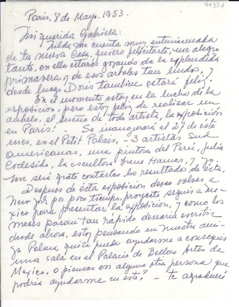 [Carta] 1953 mayo 8, París, [Francia] [a] Gabriela [Mistral]