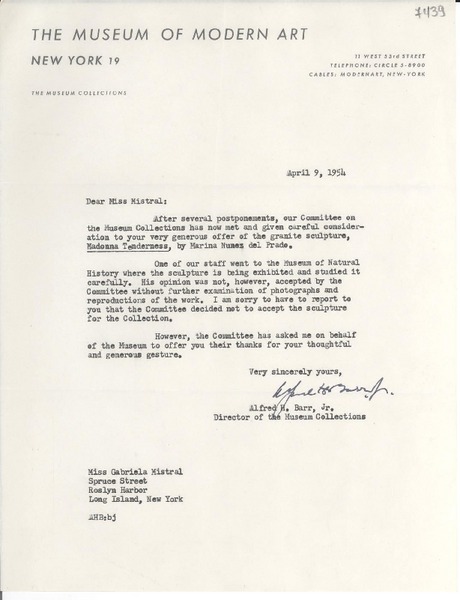 [Carta] 1954 abr. 9, New York [a] Gabriela Mistral, Roslyn Harbor, New York
