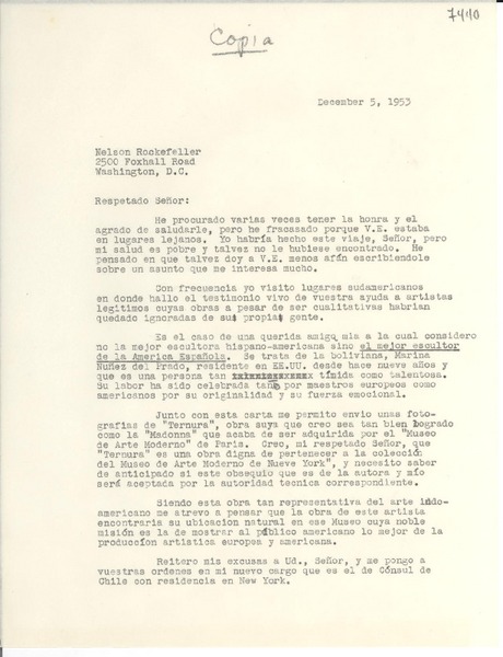 [Carta] 1953 dic. 5, [Estados Unidos] [a] Nelson Rockefeller, Washington D. C.