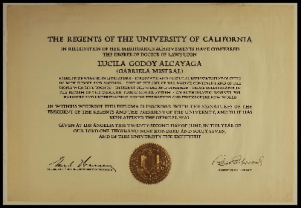 [Diploma] 1947 June 22, Los Angeles, Estados Unidos [a] Gabriela Mistral