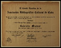 [Diploma] 1945 abr. 13, La Habana, Cuba [a] Gabriela Mistral