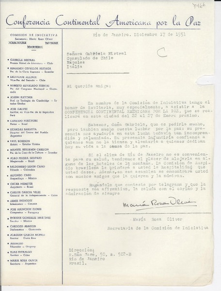 [Carta] 1951 dic. 17, Río de Janeiro, [Brasil] [a] Gabriela Mistral, Nápoles, Italia