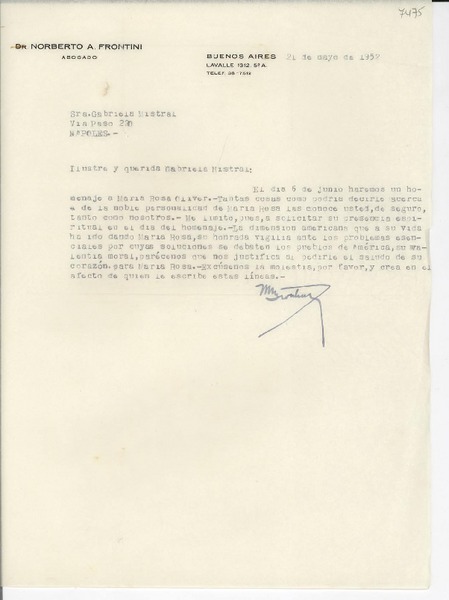 [Carta] 1952 mayo 21, Buenos Aires, [Argentina] [a] Gabriela Mistral, Nápoles, [Italia]