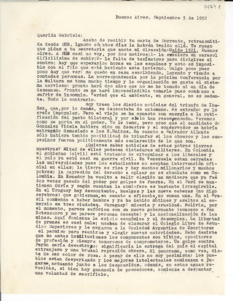 [Carta] 1952 sept. 5, Buenos Aires, [Argentina] [a] Gabriela [Mistral]