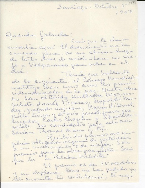 [Carta] 1954 oct. 5, Santiago, [Chile] [a] Gabriela [Mistral]