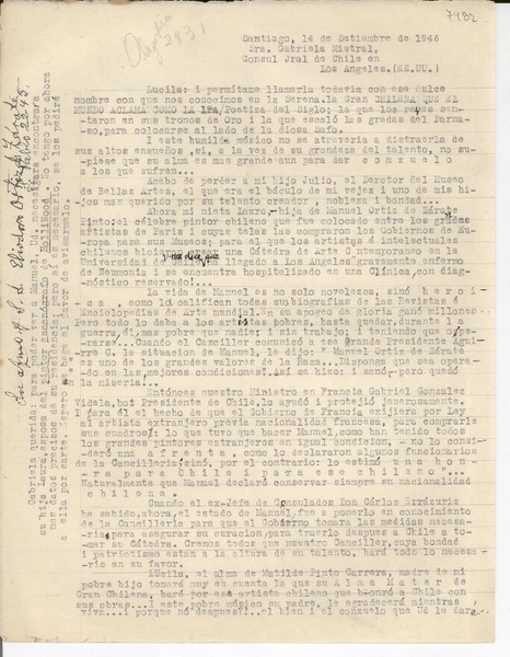 [Carta] 1946 sept. 14, Santiago, [Chile] [a] Gabriela Mistral, Los Angeles, EE.UU.