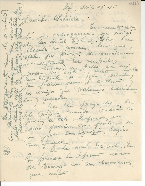 [Carta] 1950 abr. 28, Santiago [a] Gabriela Mistral