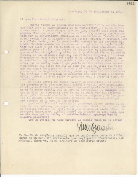 [Carta] 1942 sept. 14, Santiago [a] Gabriela Mistral