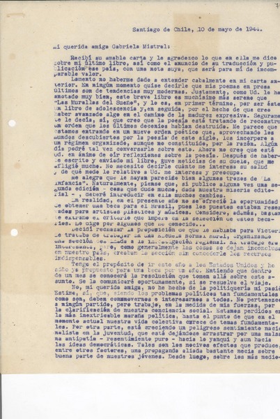 [Carta] 1944 mayo 10, Santiago de Chile [a] Gabriela Mistral