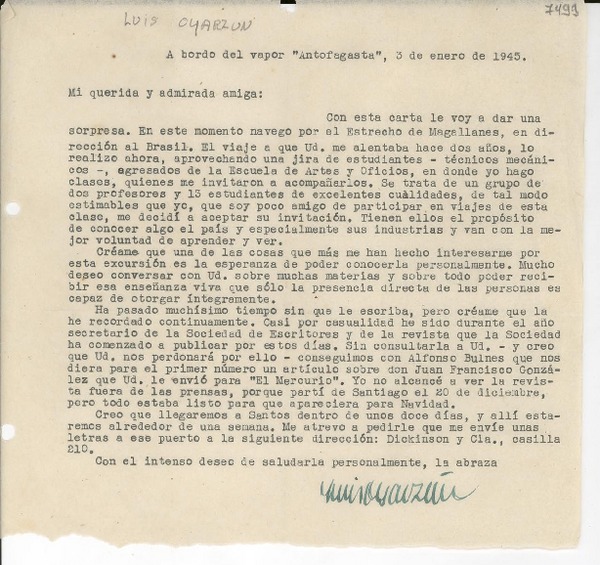 [Carta] 1945 ene. 3, [A bordo del Vapor Antofagasta"] [a] Gabriela Mistral
