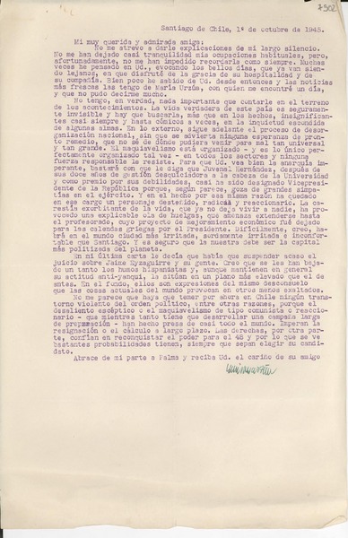 [Carta] 1945 oct. 1, Santiago de Chile [a] Gabriela Mistral
