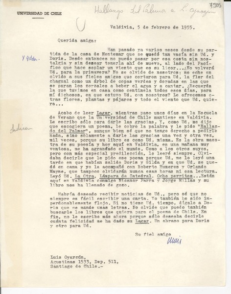 [Carta] 1955 feb. 5, Valdivia [a] Gabriela Mistral