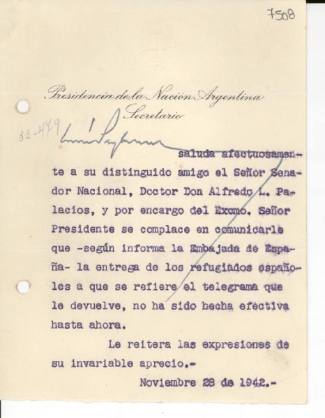 [Carta] 1942 nov. 28, [Buenos Aires] [a] Alfredo L. Palacios