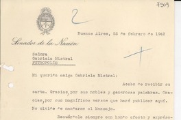 [Carta] 1943 feb. 22, Buenos Aires [a] Gabriela Mistral, Petrópolis