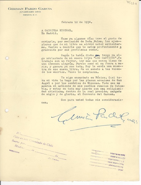 [Carta] 1934 feb. 12, México D.F. [a] Gabriela Mistral, Madrid, [España]