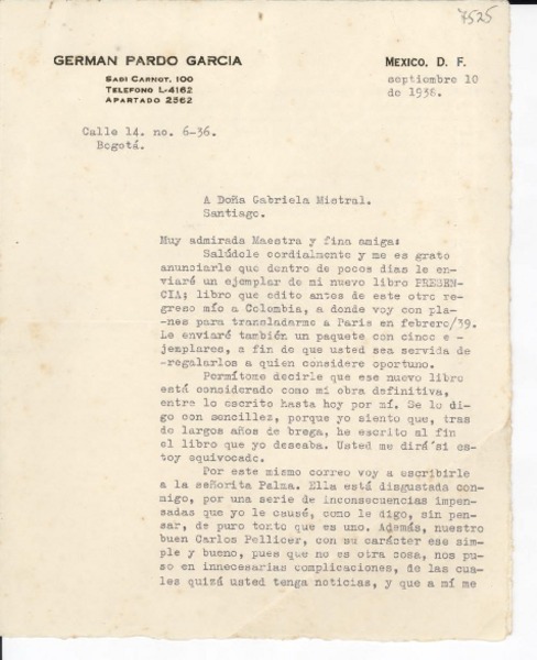 [Carta] 1938 sept. 10, México D.F. [a] Gabriela Mistral, Santiago, [Chile]