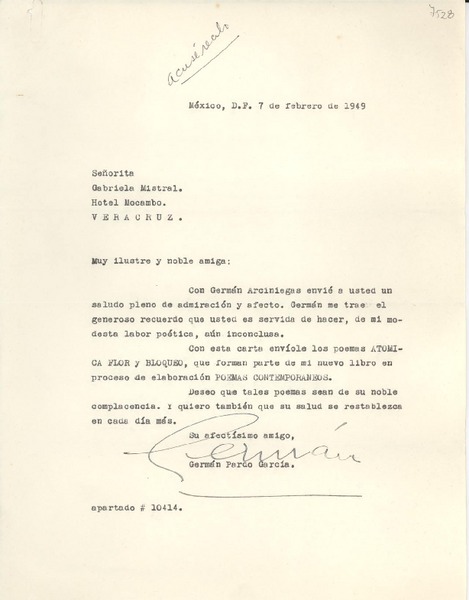 [Carta] 1949 feb. 7, México, D.F. [a] Gabriela Mistral, Hotel Mocambo, Veracruz, [México]