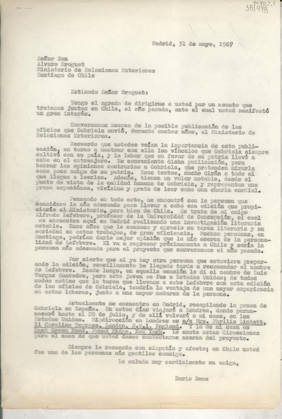 [Carta] 1967 mayo 31, Madrid, [España] [a] Señor Don Alvaro Droguet, Ministerio de Relaciones Exteriores, Santiago de Chile