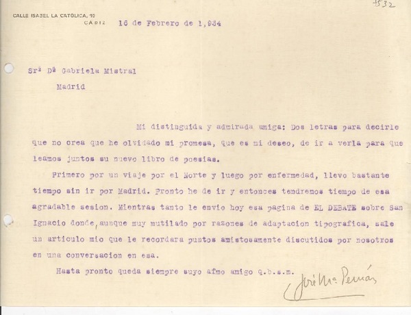[Carta] 1934 feb. 16, [Cádiz, España] [a] Gabriela Mistral, Madrid, [España]
