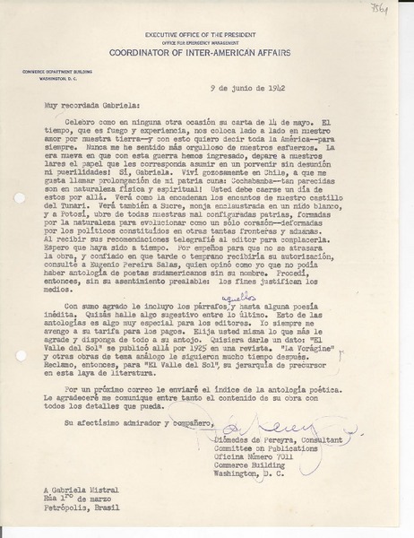 [Carta] 1942 jun. 9, [Washington D.C., EE.UU.] [a] Gabriela Mistral, Petrópolis, Brasil