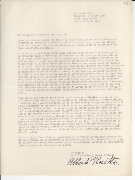 [Carta] 1948 mar. 21, University of Notre Dame, Indiana, [EE.UU.] [a] Gabriela [Mistral]