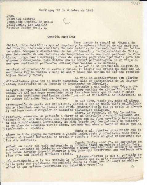 [Carta] 1947 oct. 13, Santiago, [Chile] [a] Gabriela Mistral, Los Angeles, Estados Unidos
