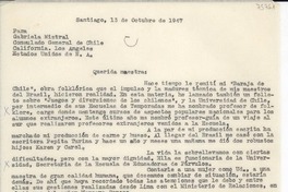 [Carta] 1947 oct. 13, Santiago, [Chile] [a] Gabriela Mistral, Los Angeles, Estados Unidos