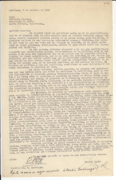 [Carta] 1948 oct. 6, Santiago, [Chile] [a] Gabriela Mistral, Santa Bárbara, California, [Estados Unidos]