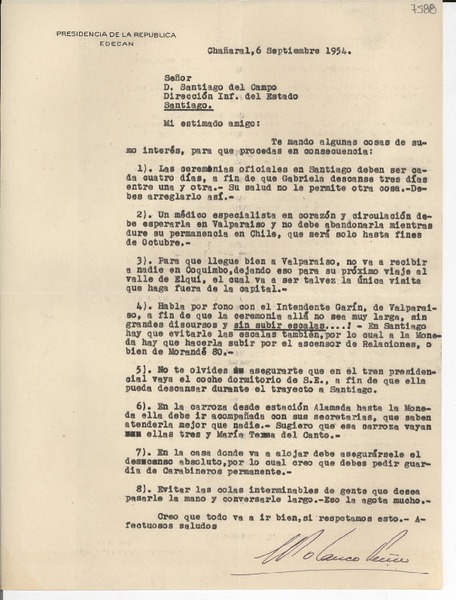 [Carta] 1954 sept. 6, Chañaral, [Chile] [a] Santiago del Campo, Santiago